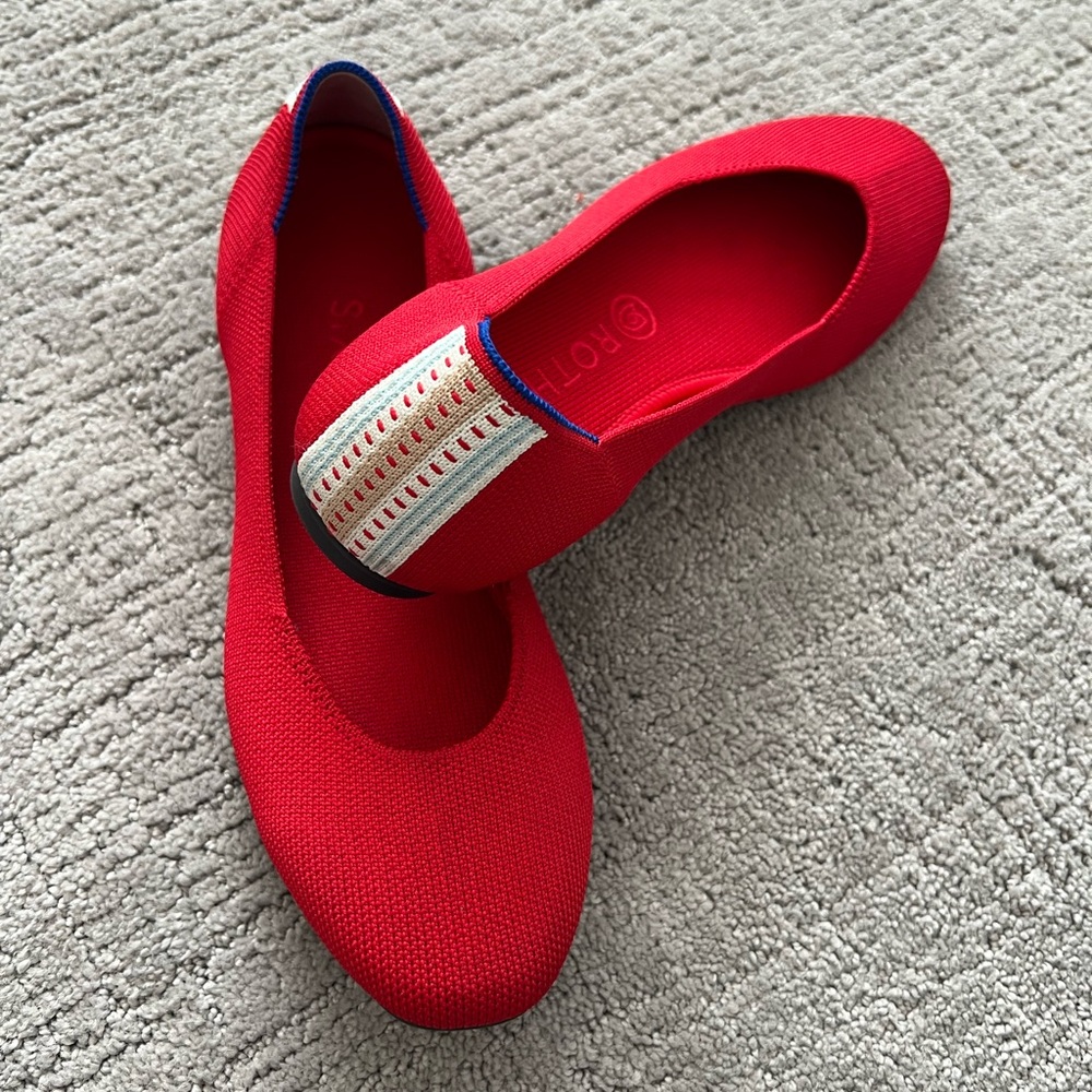 Rothy’s The Flat Round Round Toe, Red with Back Stripe Pattern